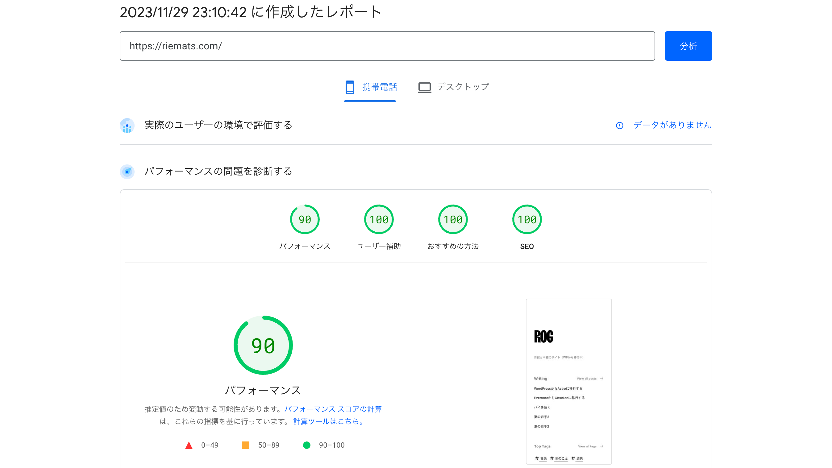 PageSpeed Insights-モバイルの結果