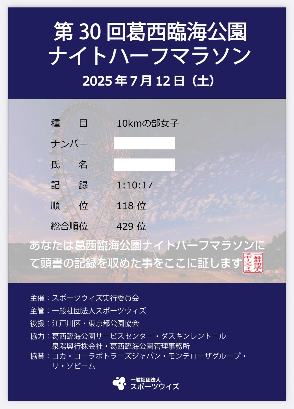 第30回葛西臨海公園ハイトハーフマラソン10キロの部女子の記録