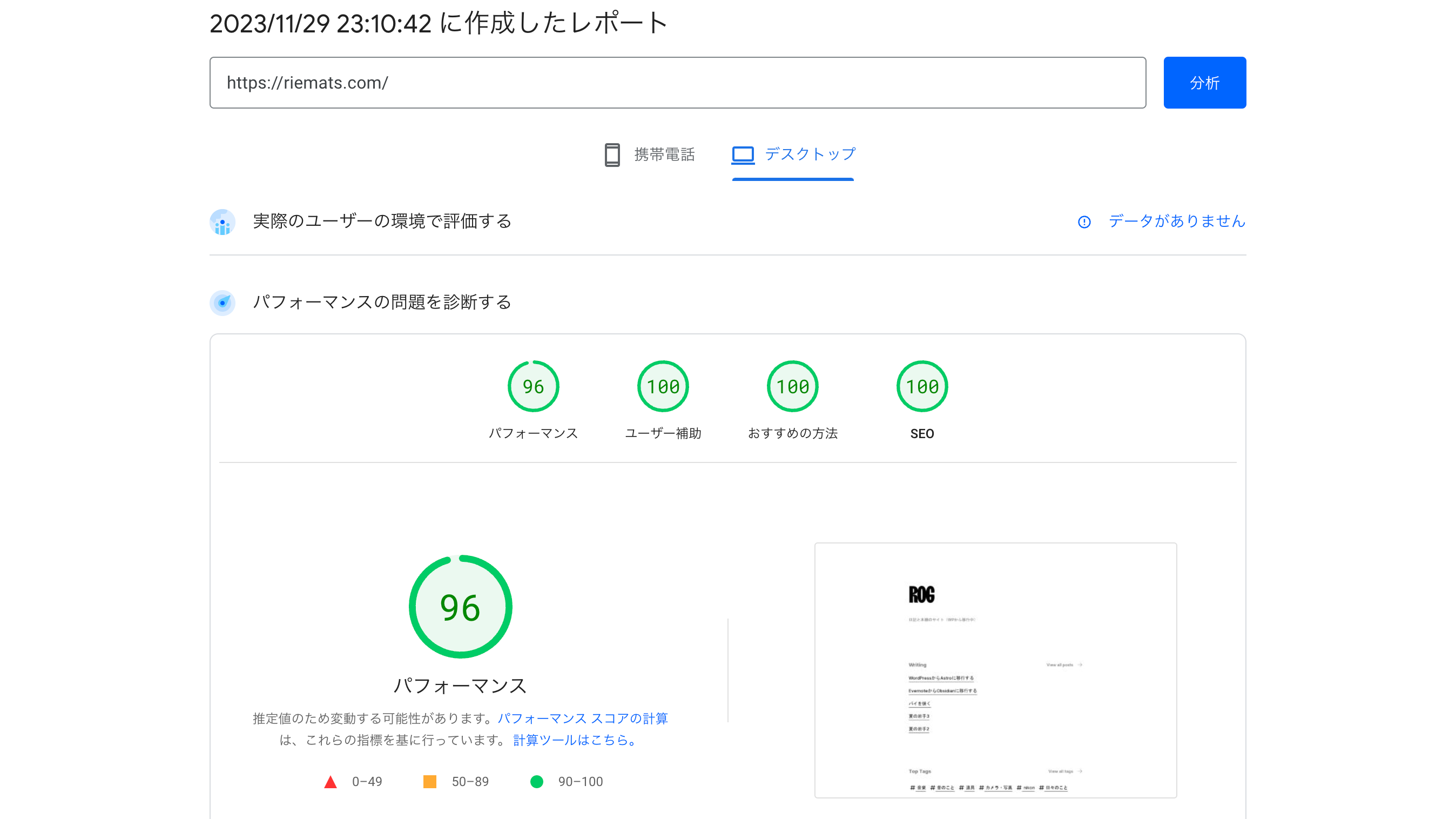 PageSpeed Insights-デスクトップの結果